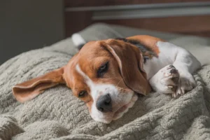 Beagle-koira makoilee pehmeällä vilttillä, katse suunnattuna rauhallisesti eteenpäin. Taustalla näkyy epämääräistä sisustusta, mikä luo kotoisan tunnelman.